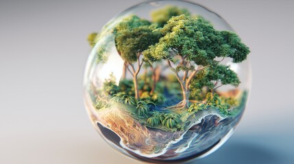 A forest enclosed in a glass ball symbolizing environmental conservation, ecosystem preservation and balance