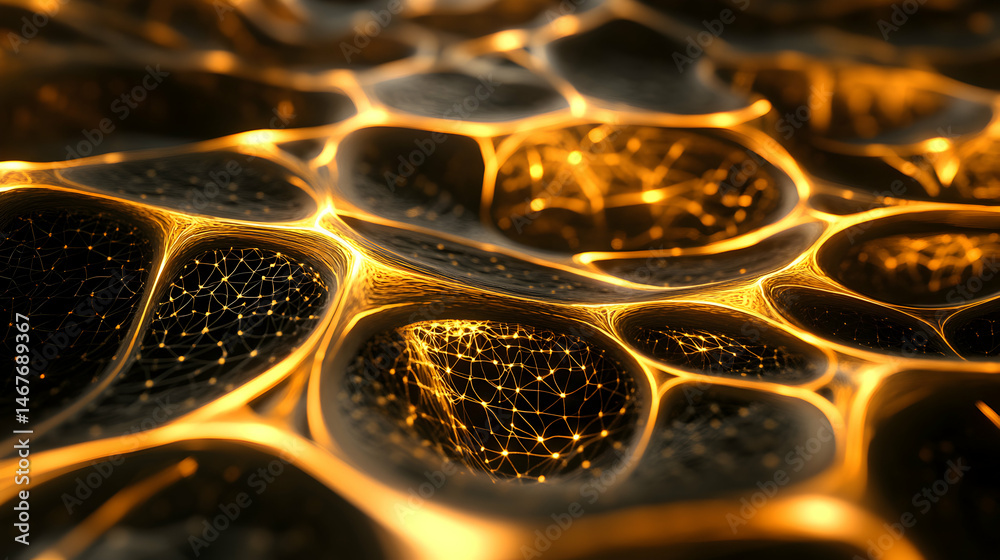 Poster golden interconnected network structure with glowing nodes in a dark background