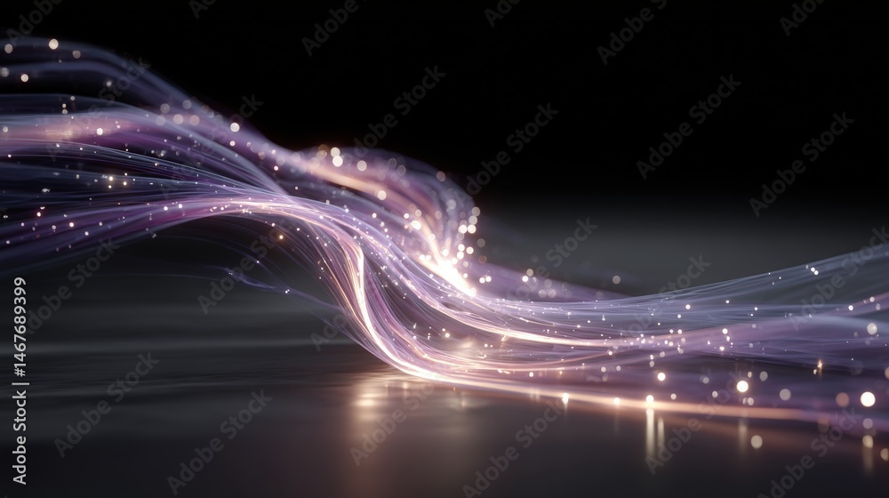 Poster abstract flowing lines with glowing dots on a dark background create a dynamic visual effect.