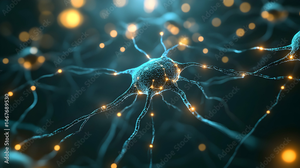 Poster intricate neural network displaying connections, representing cognition and data flow