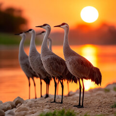 Flock of sandhill crane (Antigone canadensis) birds at sunset, Platte River, Kearney, Nebraska, USA