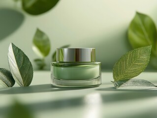 Cosmetic cream jar with leaves isolated on white background