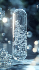 3D rendering of a medical capsule with transparent molecules in a white gold silver tone minimal background. Symbolizes innovation, purity, biotechnology, and futuristic pharmaceutical science.

