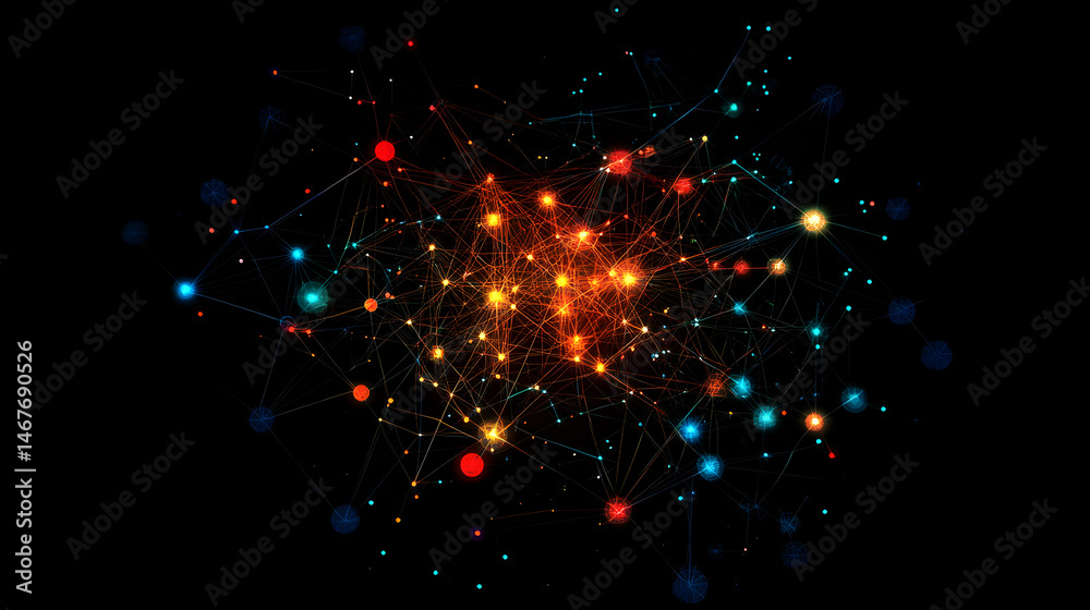 Poster abstract plexus network with colorful nodes and interconnected lines on black