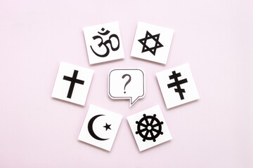 World religious symbols - Christianity cross, Islam crescent, Buddhism dharma wheel, Hinduism aum, Judaism David star top view