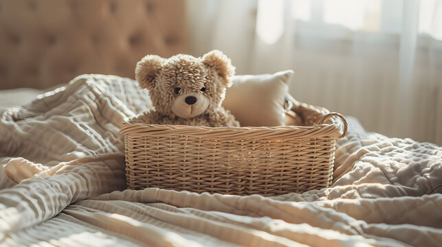 A knitted teddy bear on a white bed against the backdrop of a bright room, a children's banner with space for text	