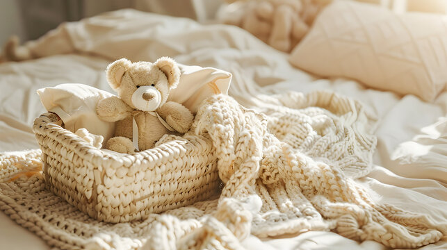 A knitted teddy bear on a white bed against the backdrop of a bright room, a children's banner with space for text	
