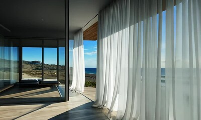 Modern coastal living room with large glass windows showcasing a stunning ocean view, sheer curtains billowing in the breeze, creating a serene atmosphere - Powered by Adobe