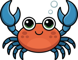 Cute cartoon crab character smiling with big eyes and blue claws and bubbles for kids design