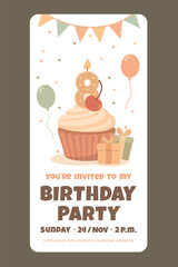 Eighth birthday invitation card with pastel cupcake and candle number eight &ndash; fully editable vector design. all elements are isolated from the background and perfect for print or digital use.