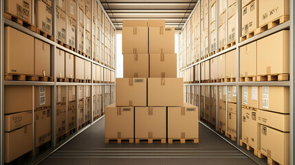 Interior of a Warehouse with Stacked Cardboard Boxes on Pallets