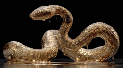 Fototapeta premium Metallic snake sculpture intertwined on a reflective surface.