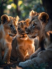 Fototapeta premium Young lions frolic among the pride, showcasing the warmth of their family