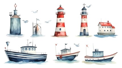 Naklejka premium Nautical-themed Set of Lighthouse, Boat, Anchor, and Fish Painting for Decor and Projects