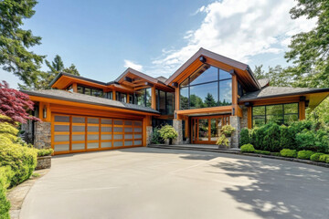 Obraz premium Luxury modern house exterior showing large driveway and garage