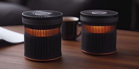 Modern, cylindrical speakers with warm orange accents