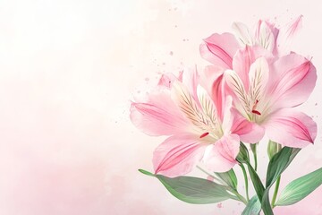 Fototapeta premium Delicate pink alstroemeria flowers on a soft pastel background.