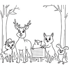 Adorable Forest Animal Coloring Page: Deer, Fox, Rabbit, and Cat in a Picnic Scene