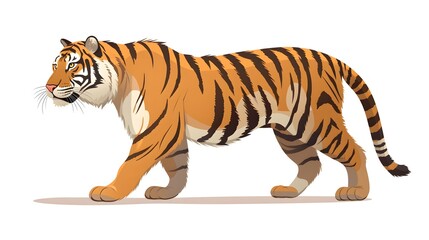 Majestic Amur Tiger Walking in Isolation on White Background - Striped Predator Wildlife Image