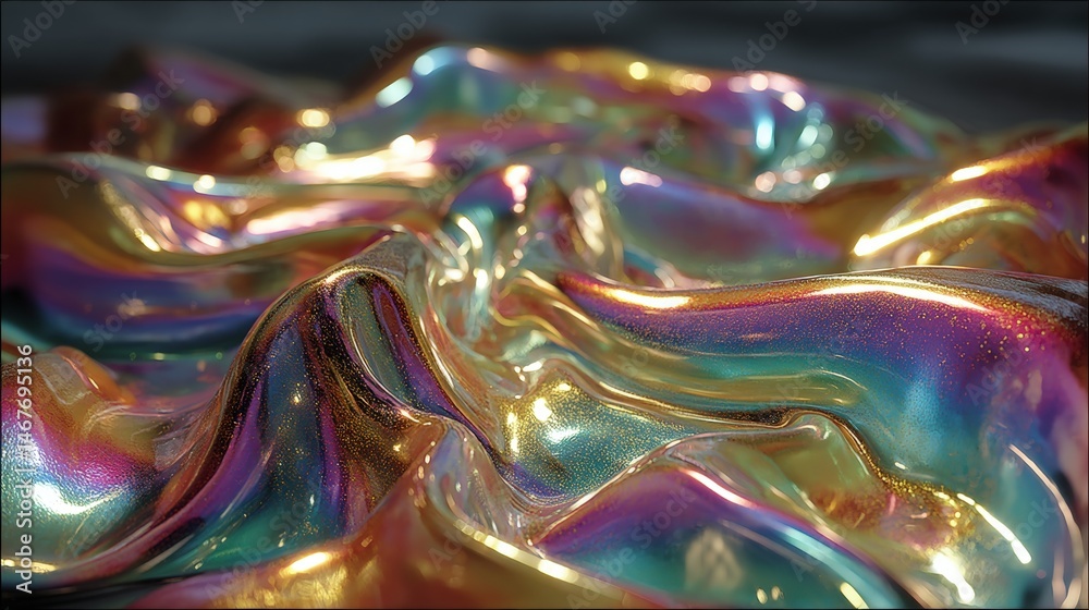 Poster shiny, iridescent waves of color create a mesmerizing abstract texture.