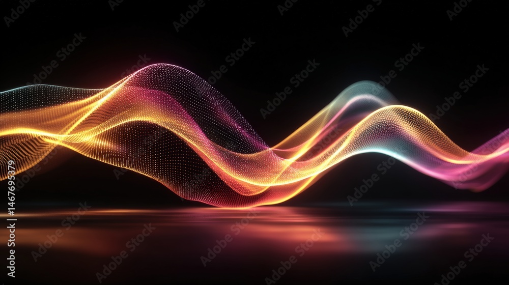Poster colorful light waves creating a dynamic and abstract visual effect against a dark background.