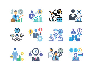 Set of business people icons, network, social, connection, growth, vector illustration on white background.