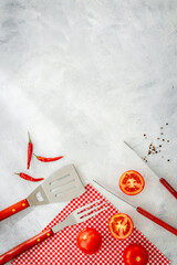 Plakat Set with barbecue utensils and equipment with red picnic napkin. Stainless steel tools. Top view