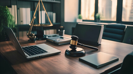 Naklejka premium Lawyer's Desk with Gavel and Scales in Modern Office