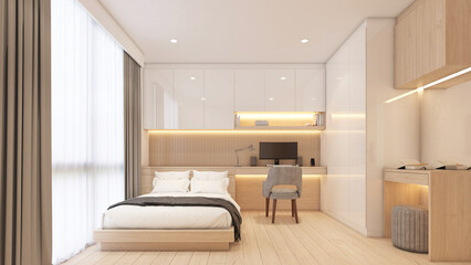 Modern minimalist style bedroom decorated with work desk and bedside table, wood dressing table and wood wardrobe. 3d rendering