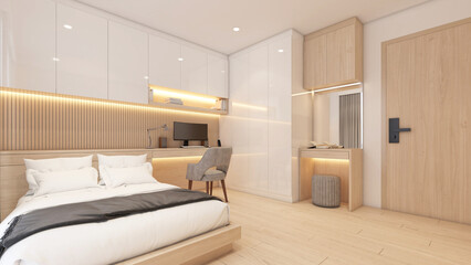 Modern minimalist style bedroom decorated with work desk and bedside table, wood dressing table and wood wardrobe. 3d rendering