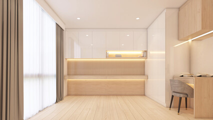 Modern minimalist style empty room decorated with work desk and wood wardrobe, wood dressing table. 3d rendering