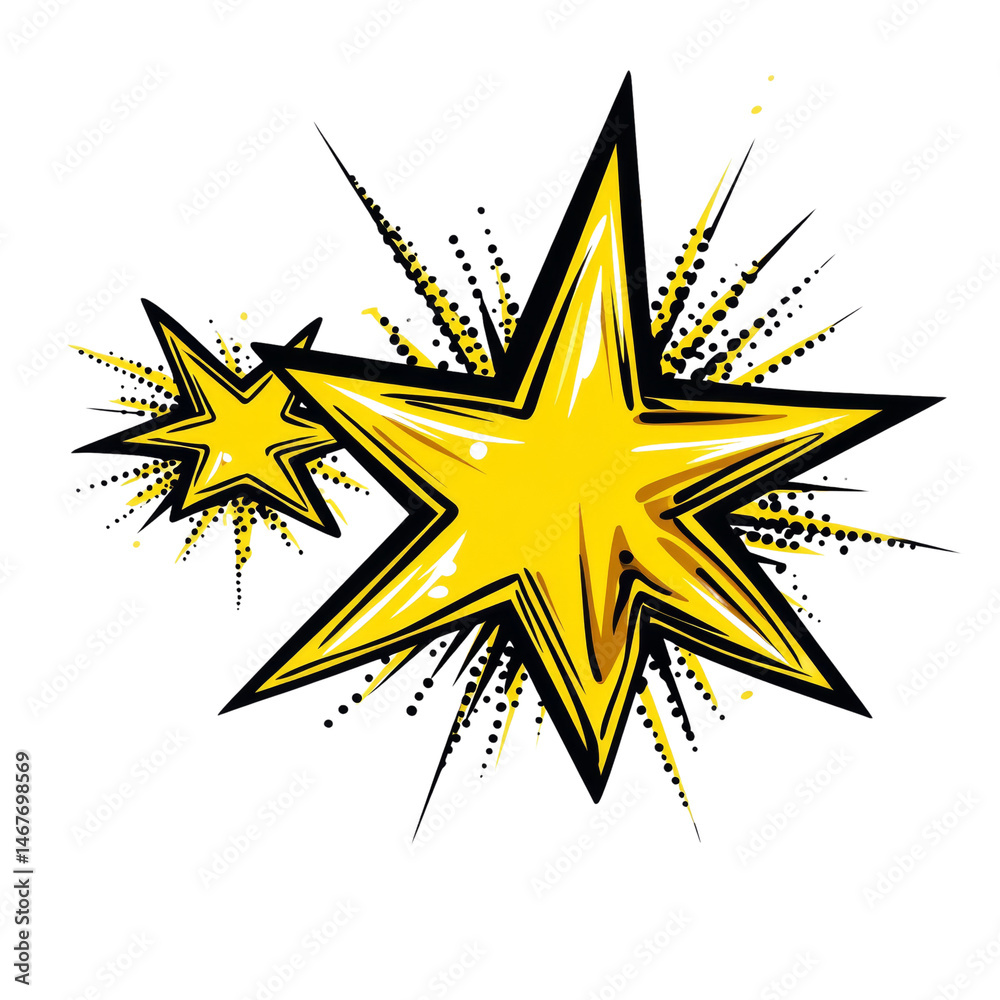 Poster stylized celestial burst, luminous star shapes with jagged edges, sparkling explosion effect on tran