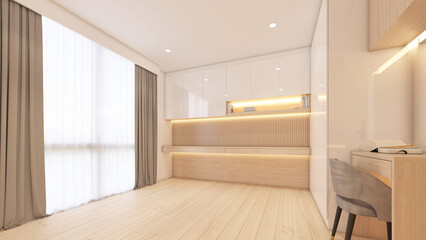 Modern minimalist style empty room decorated with work desk and wood wardrobe, wood dressing table. 3d rendering