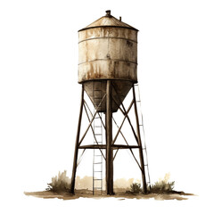 Rustic water tower illustration against transparent emptiness, evoking rural simplicity and structural artistry, aged design