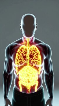 A man's internal organs are shown in a graphic, with the stomach