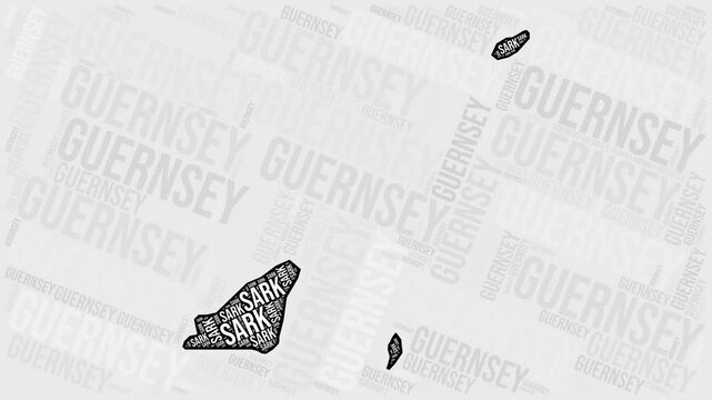 Guernsey Animation. Visual effect of Guernsey regions appearing in black and white word clouds style. Country intro video. Modern Animated Motion Graphics.