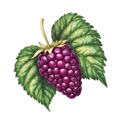 Detailed illustration of a ripe grape cluster surrounded by lush green leaves on a white background