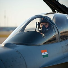 Indian Air Force pilot in jet cockpit with Indian flag sticker, runway background.
