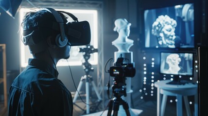 Obraz premium A VR artist in an advanced studio with an AI assistant as a digital sculpting tool providing 3D modeling suggestions. VR equipment in background. AIG60