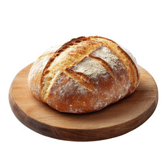 Naklejka premium Freshly baked artisan bread on a wooden board, showcasing its crust and texture, perfect for a rustic meal or gathering
