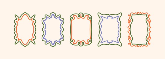 Colorful Hand Drawn Frames with Ornamental Shapes and Twisted Borders. Decorative Stamp Inspired Borders in Orange, Green and Purple. Vector Illustration on Light Background