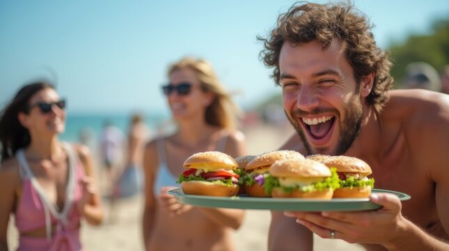 Man shares sandwiches with diverse friends at a joyful beach picnic.
