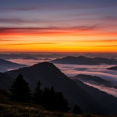Scenic Mountain Sunrise Views. Peaceful Natural Landscapes. Morning Light at Misty Peaks