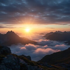 Scenic Mountain Sunrise Views. Peaceful Natural Landscapes. Morning Light at Misty Peaks