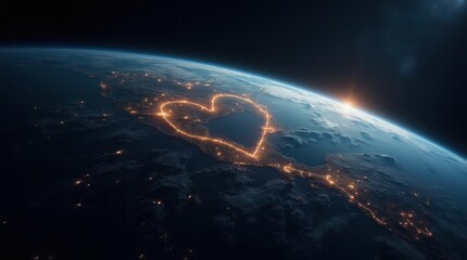Obraz premium Earth from space with glowing sign made by city lights, stars in background. 