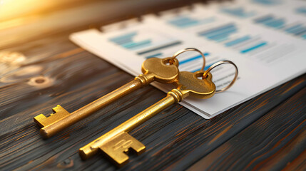 Two golden keys crossing on dark wooden table symbolizing business merger and company acquisition, corporate takeover and partnership concept.
