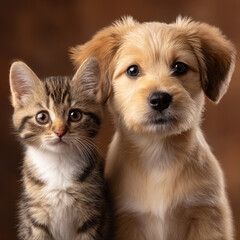 Obraz premium Mixed breed dog and cat friends portrait, Adorable kitten and dog together in studio on a brown background, digital art, ai generated