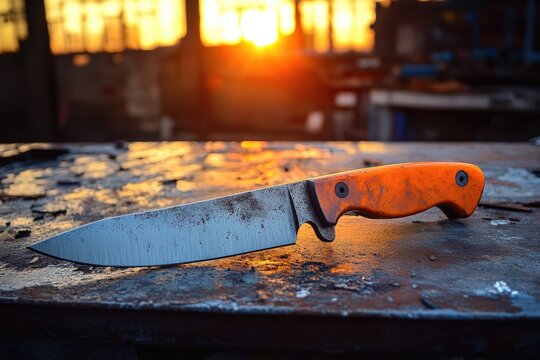 Handcrafted knife on weathered metal surface in golden light metalwork craftsmanship