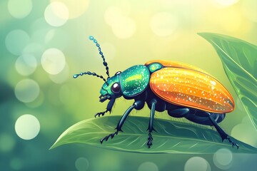 Fototapeta premium Jewel beetle shining on green leaves