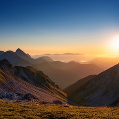 Scenic Mountain Sunrise Views. Peaceful Natural Landscapes. Morning Light at Misty Peaks